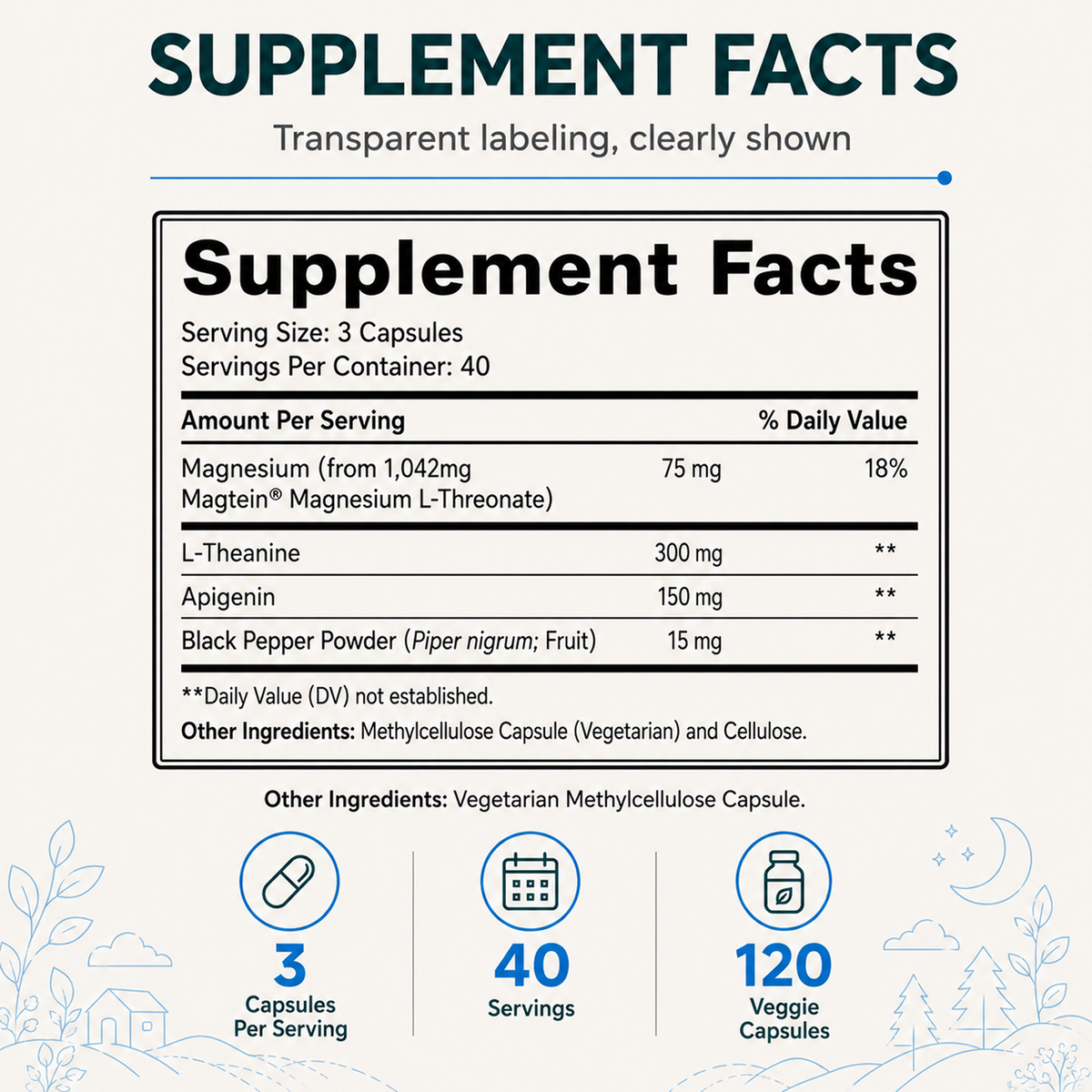 3-in-1 Magtein® Magnesium L-Threonate, Apigenin, L-Theanine Sleep Complex Capsules